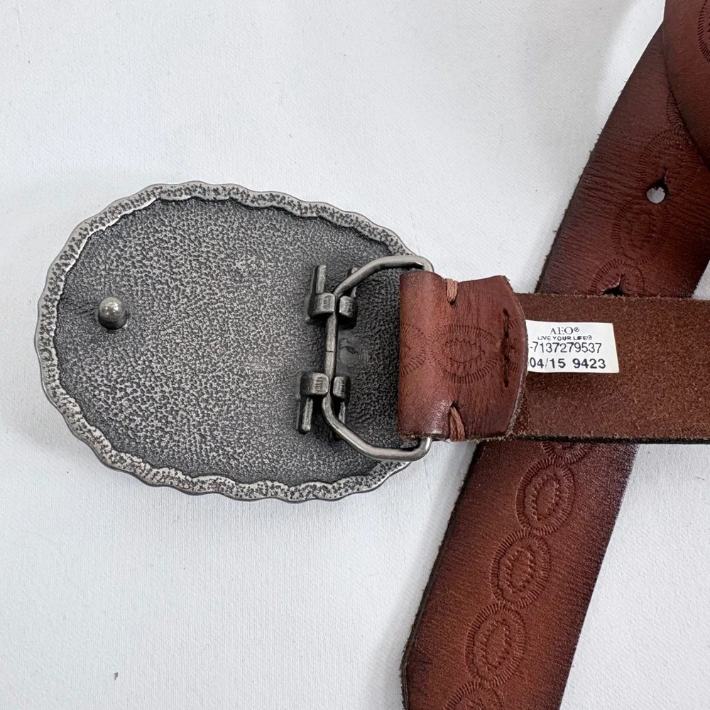 American Eagle Belt Brown Leather Turquoise Buckle Western Boho Women  S